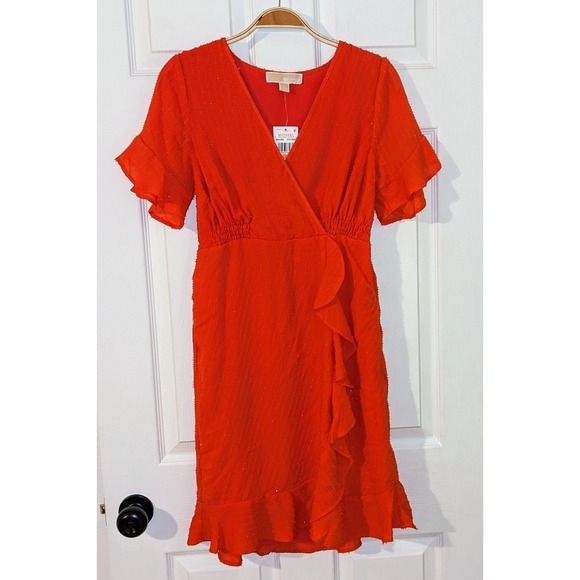 Michael Kors Wrap Dress Ruffle Orange Sparkle V-Neck Flared Sleeve S NWT $165 - Picture 7 of 13